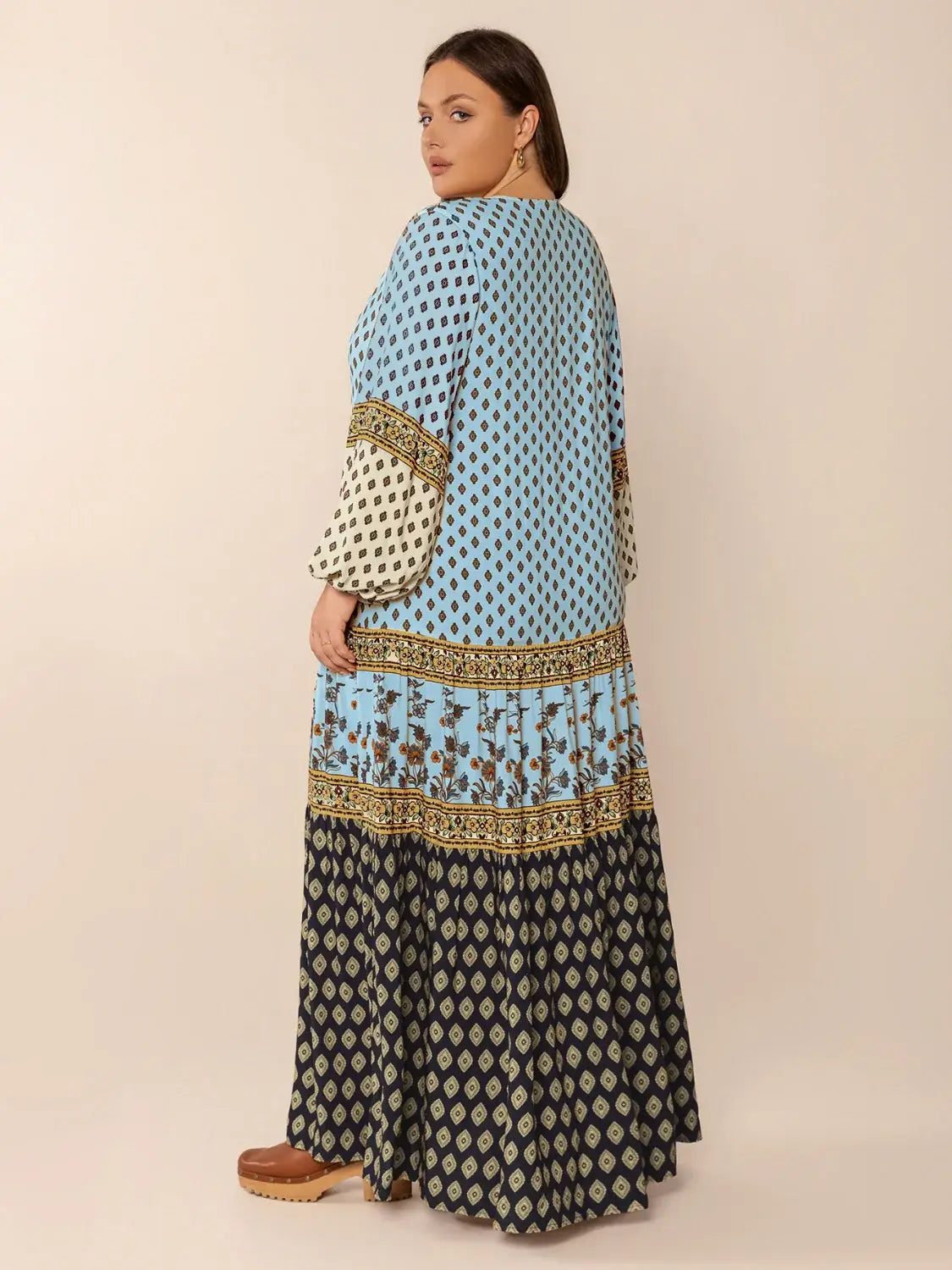 Plus Size Printed V-Neck Balloon Sleeve Maxi Dress - Trendsi - Flyclothing LLC