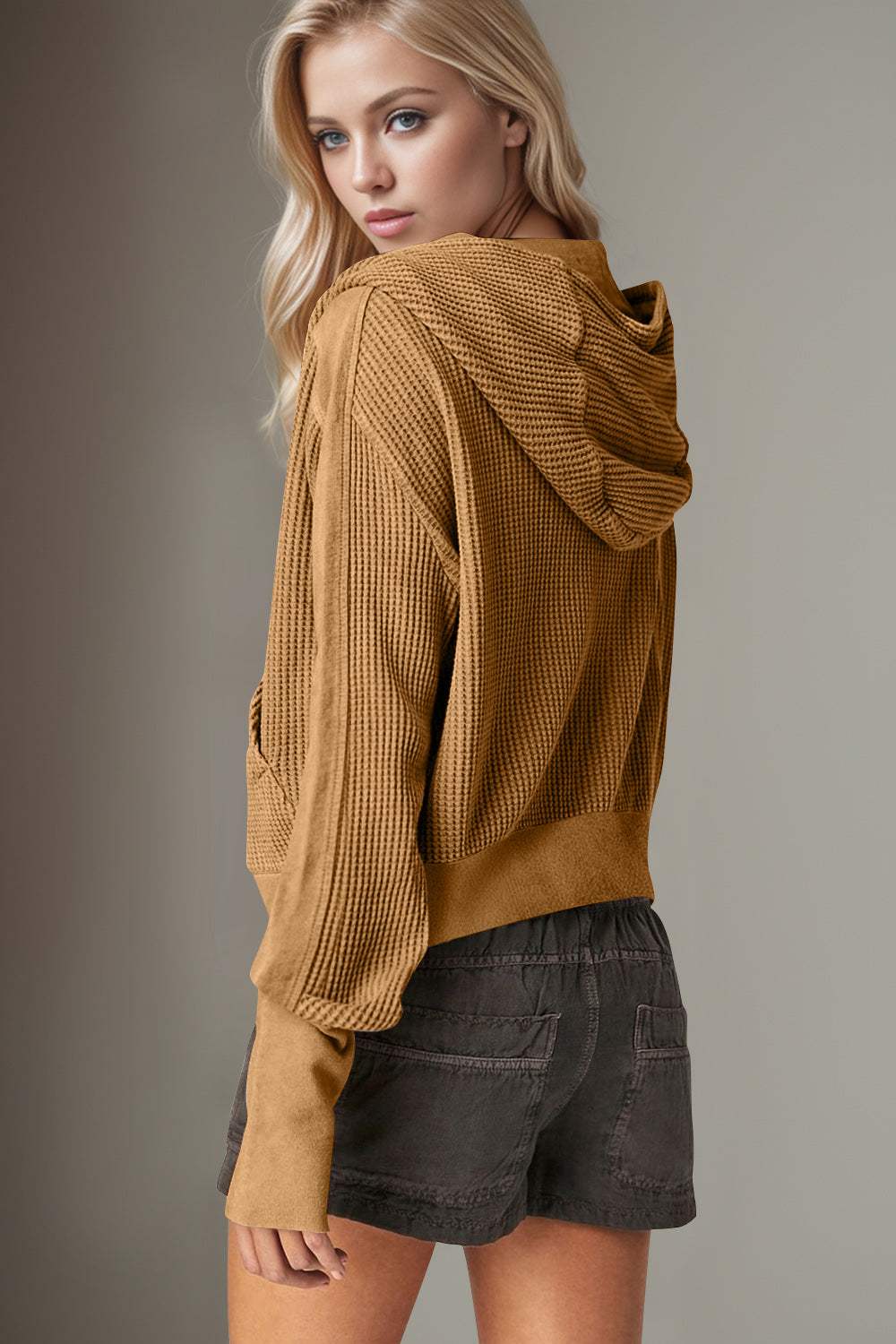 Double Take Waffle-Knit Zip Up Long Sleeve Hooded Jacket - Trendsi - Flyclothing LLC