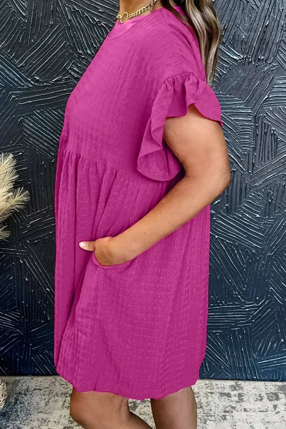 Round Neck Flounce Sleeve Mini Dress - Trendsi - Flyclothing LLC