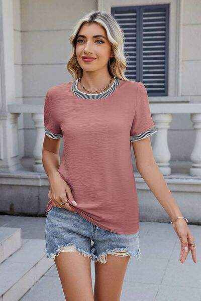 Round Neck Short Sleeve T-Shirt - Trendsi - Flyclothing LLC