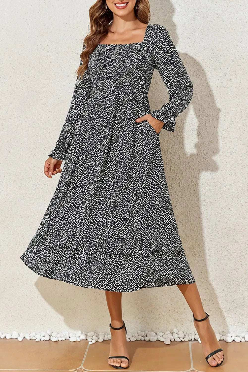 Printed Square Neck Long Sleeve Midi Dress - Trendsi - Flyclothing LLC