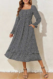 Printed Square Neck Long Sleeve Midi Dress - Trendsi - Flyclothing LLC