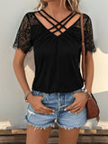 Lace Detail V-Neck Short Sleeve T-Shirt - Trendsi