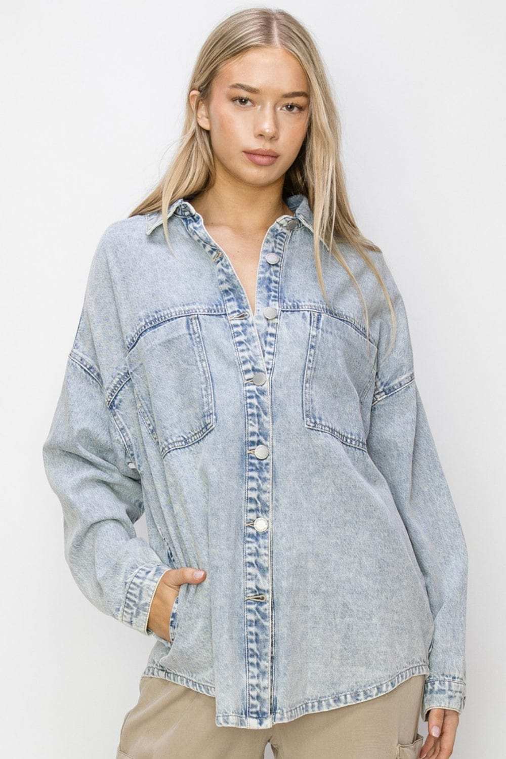 RISEN Button Up Long Sleeve Shacket - Trendsi - Flyclothing LLC