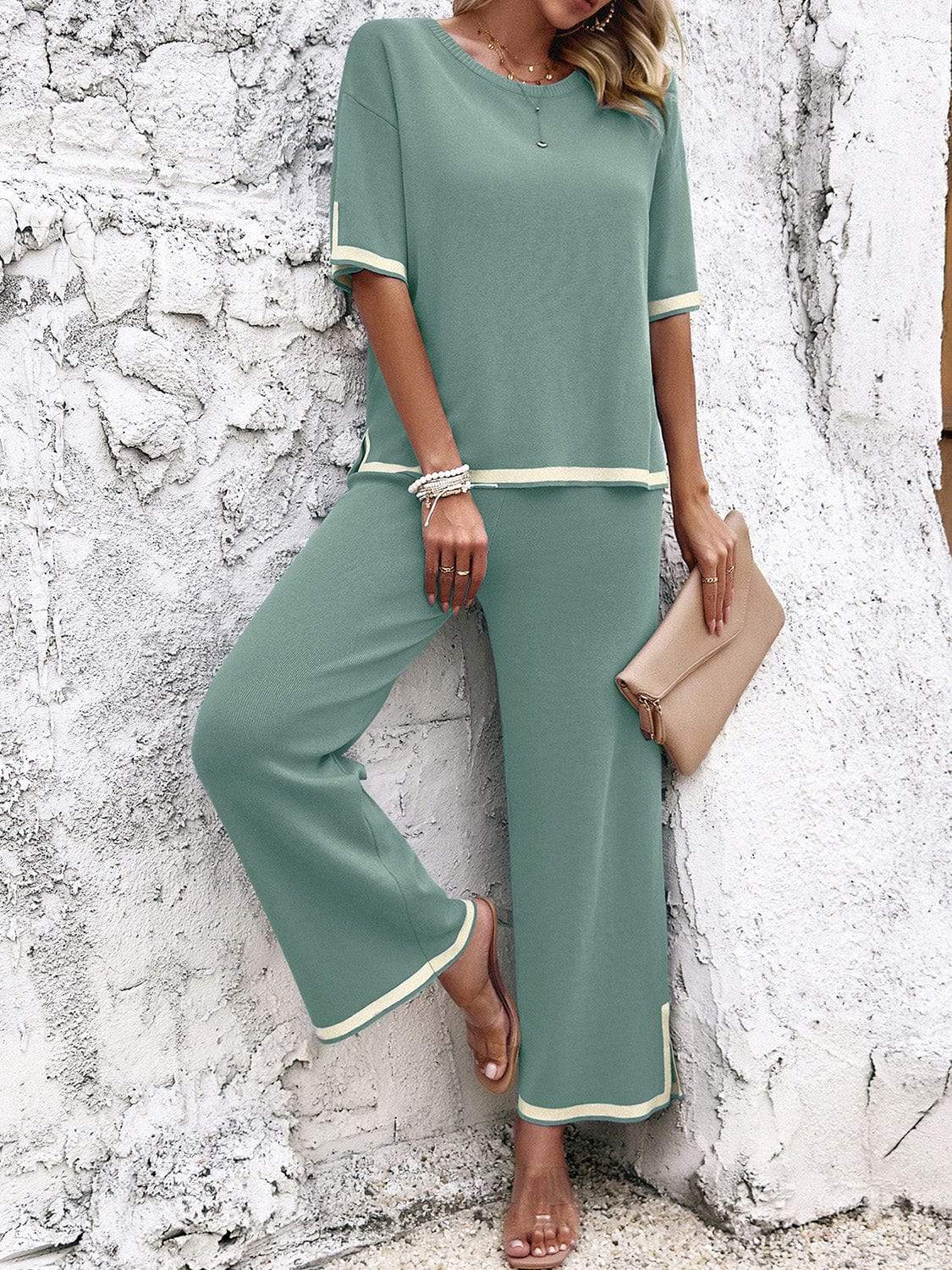 Contrast Trim Round Neck Top and Pants Set - Trendsi - Flyclothing LLC
