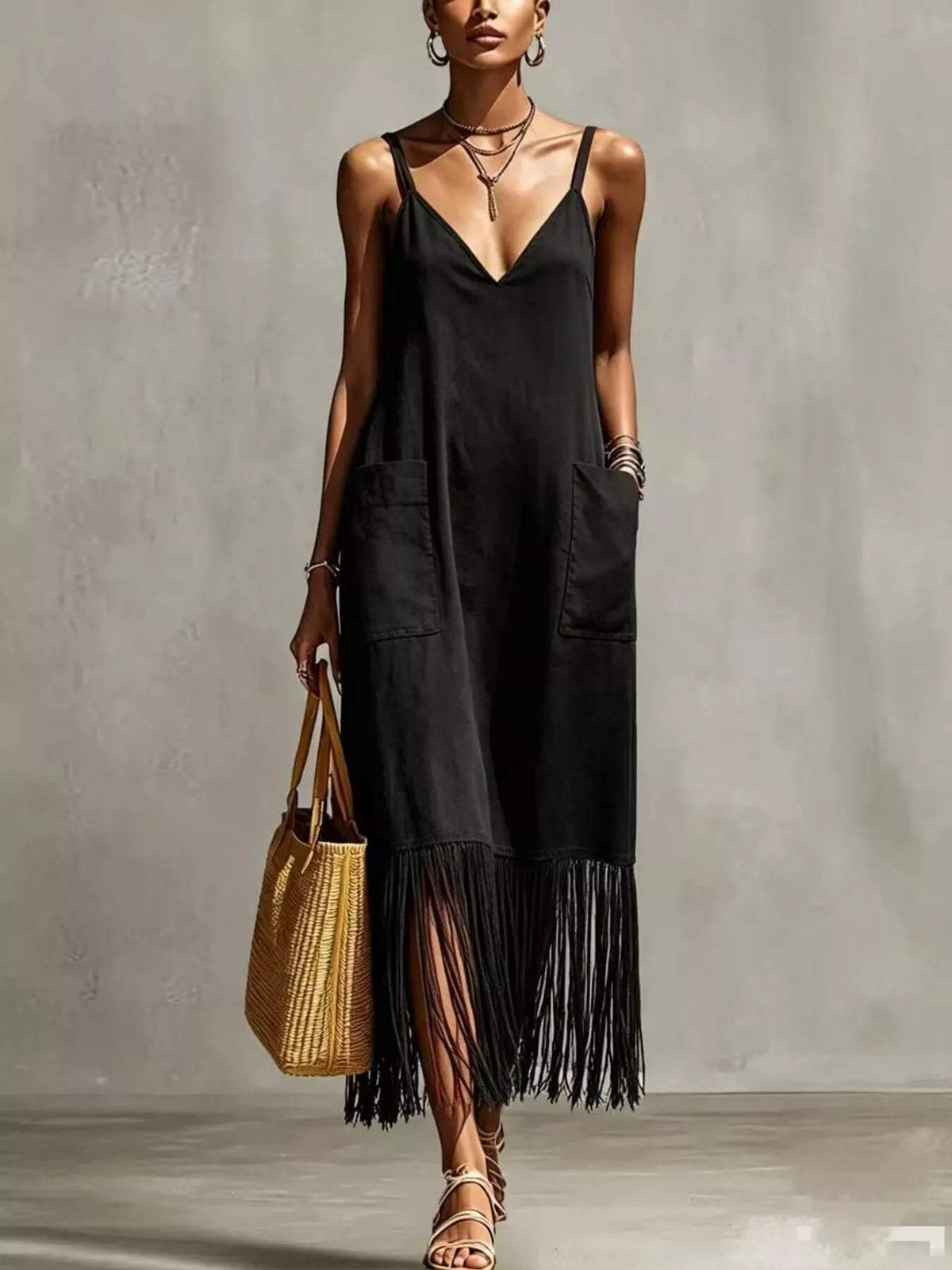 Full Size Fringe V-Neck Spaghetti Strap Dress Plus Size - Trendsi - Flyclothing LLC
