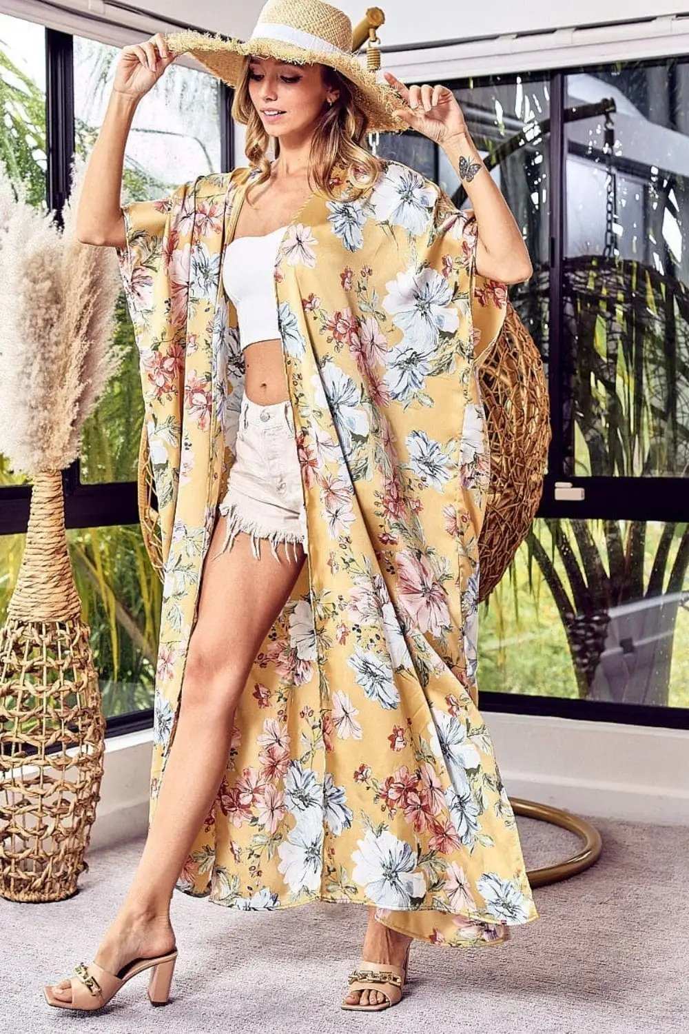 BiBi Floral Side Slit Longline Cardigan - Trendsi - Flyclothing LLC