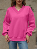 V-Neck Long Sleeve Dropped Shoulder Sweatshirt - Trendsi