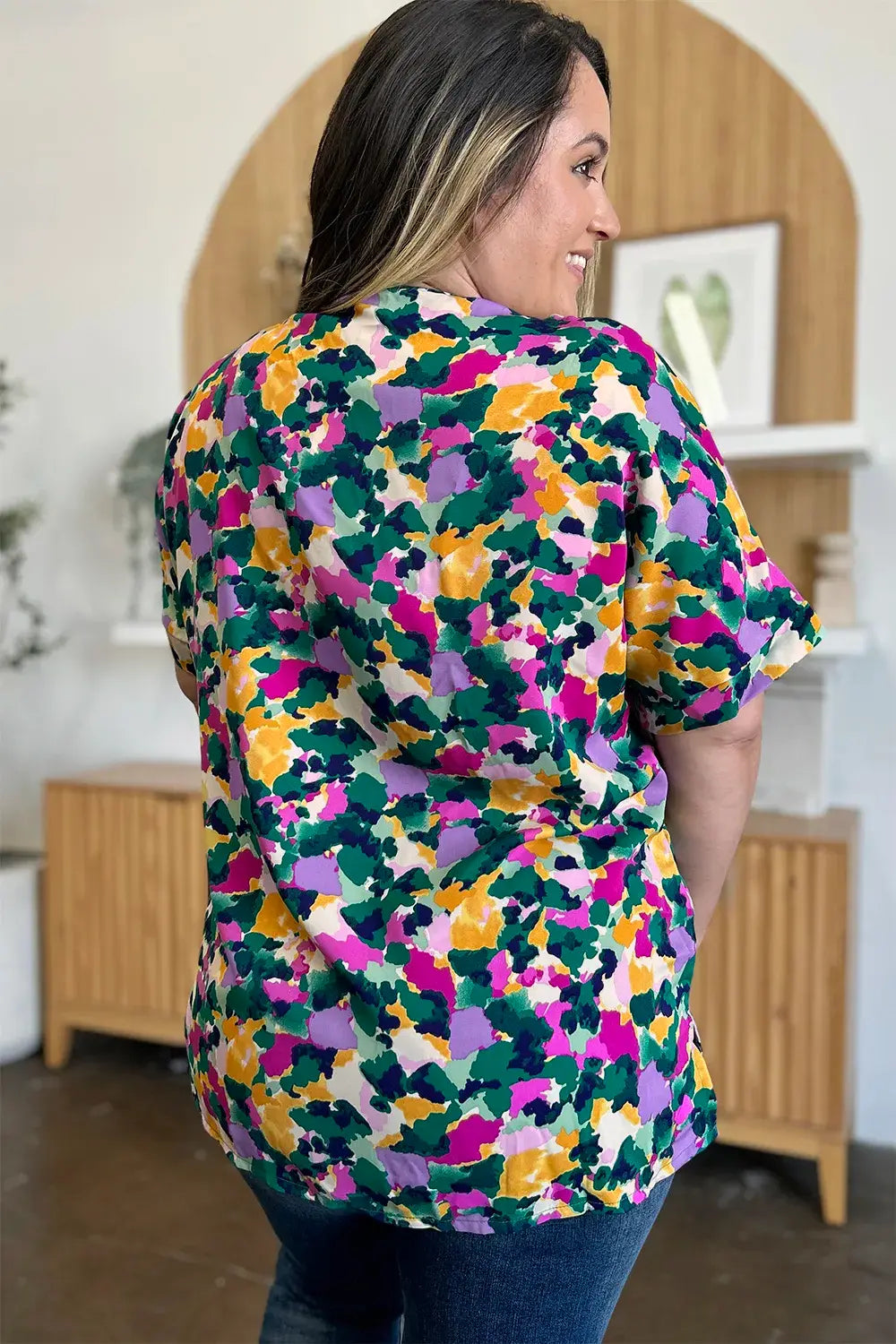 Double Take Full Size Printed V-Neck Short Sleeve Side Slit Top - Trendsi - Flyclothing LLC