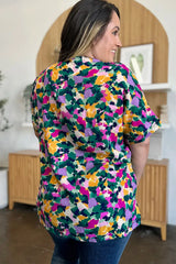 Double Take Full Size Printed V-Neck Short Sleeve Side Slit Top - Trendsi - Flyclothing LLC