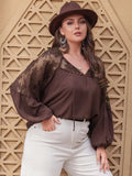 Plus Size Lace Detail Tie Neck Long Sleeve Blouse - Trendsi - Flyclothing LLC