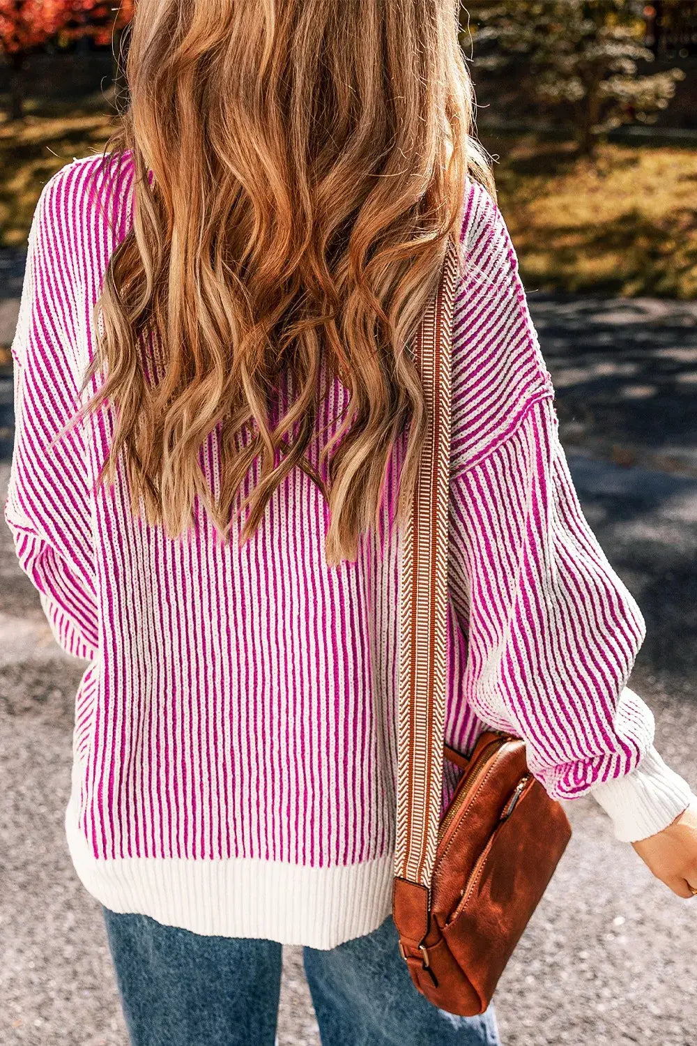 Striped Textured Knit Contrast Edge Loose Sweater - Trendsi - Flyclothing LLC