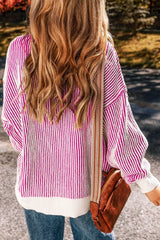 Striped Textured Knit Contrast Edge Loose Sweater - Trendsi - Flyclothing LLC