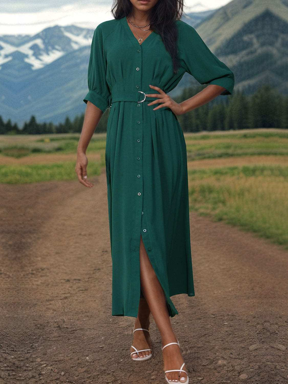 Button Up Half Sleeve Dress - Trendsi - Flyclothing LLC