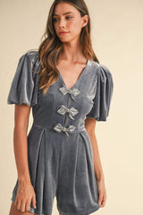 Mable Jewel Bow Decor Puff Sleeve Velvet Romper - Trendsi - Flyclothing LLC