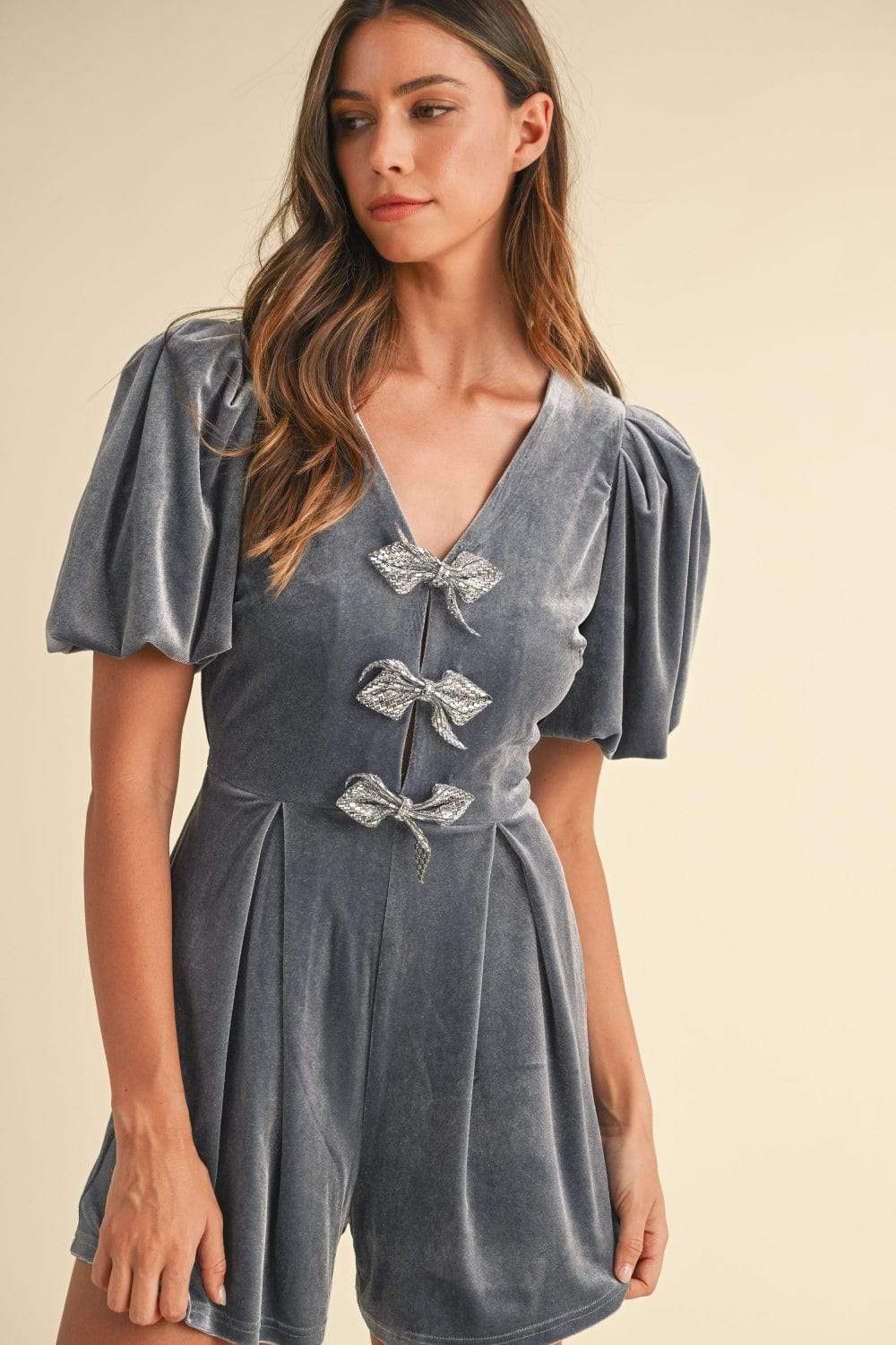 Mable Jewel Bow Decor Puff Sleeve Velvet Romper - Trendsi - Flyclothing LLC