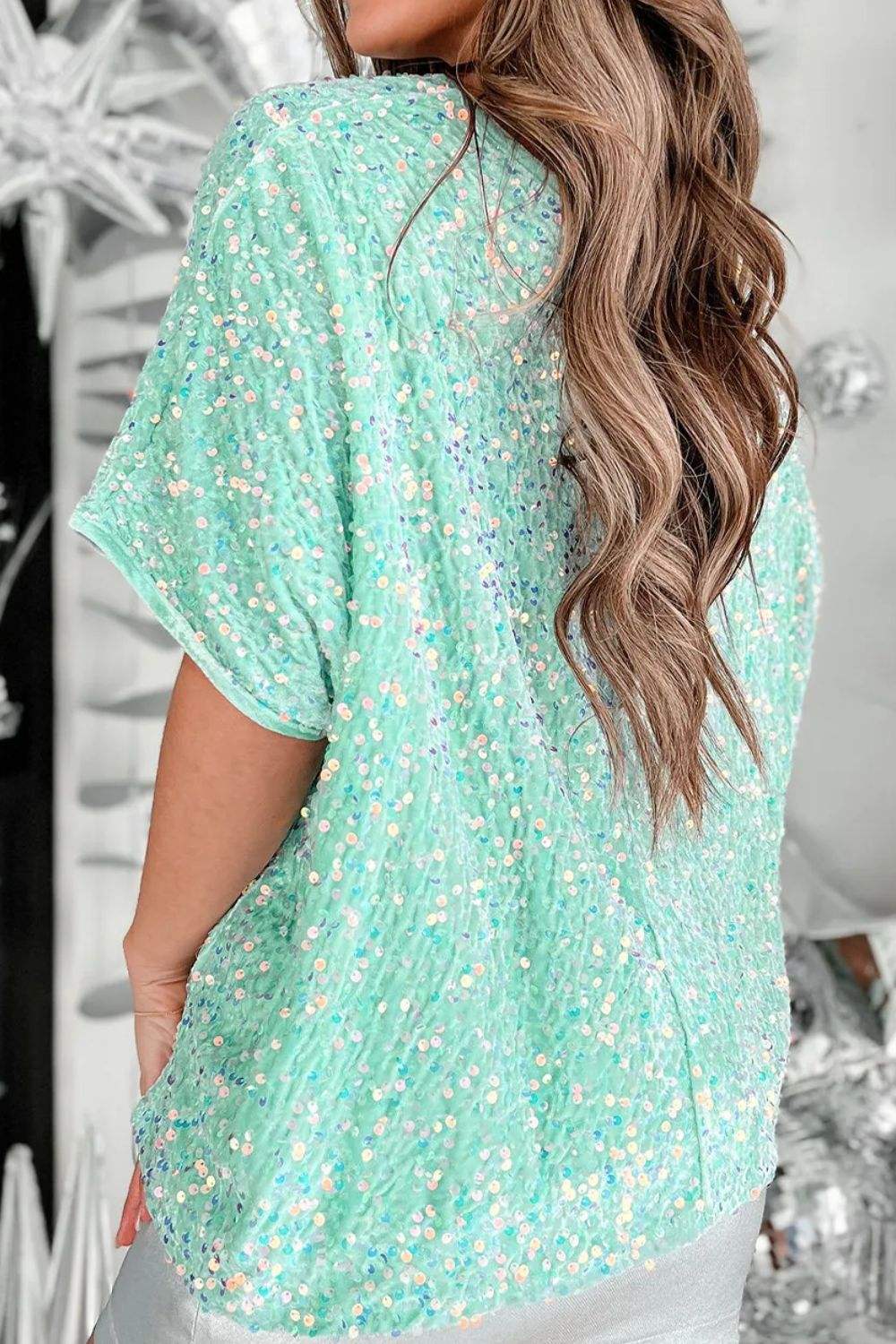 Layered Sequin V-Neck Half Sleeve Top - Trendsi - Flyclothing LLC