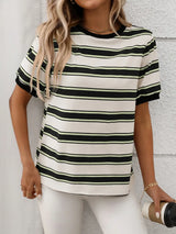 Contrast Striped Round Neck Short Sleeve T-Shirt - Trendsi - Flyclothing LLC
