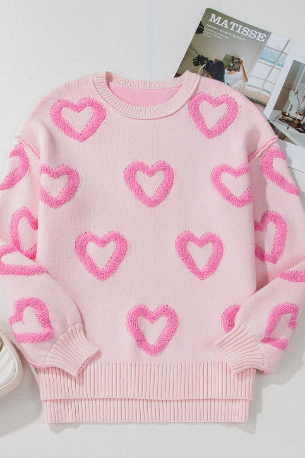 High-Low Heart Round Neck Long Sleeve Sweater - Trendsi