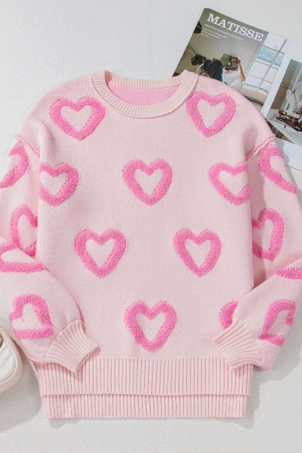 High-Low Heart Round Neck Long Sleeve Sweater - Trendsi - Flyclothing LLC