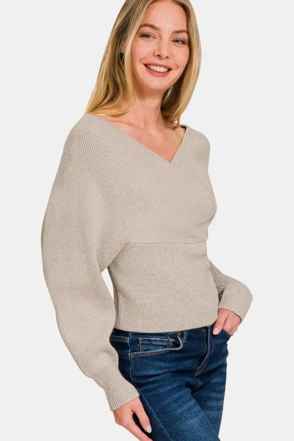 Zenana Cross Wrap Rib Long Sleeve Sweater - Trendsi - Flyclothing LLC