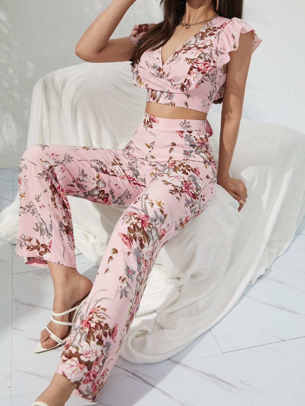 Printed Surplice Cap Sleeve Top and Pants Set - Trendsi - Flyclothing LLC