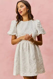 SO ME Floral Jacquard Bubble Shorts Sleeves Mini Dress - Trendsi - Flyclothing LLC