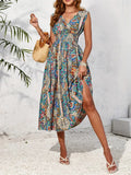Smocked Printed Surplice Sleeveless Midi Dress - Trendsi