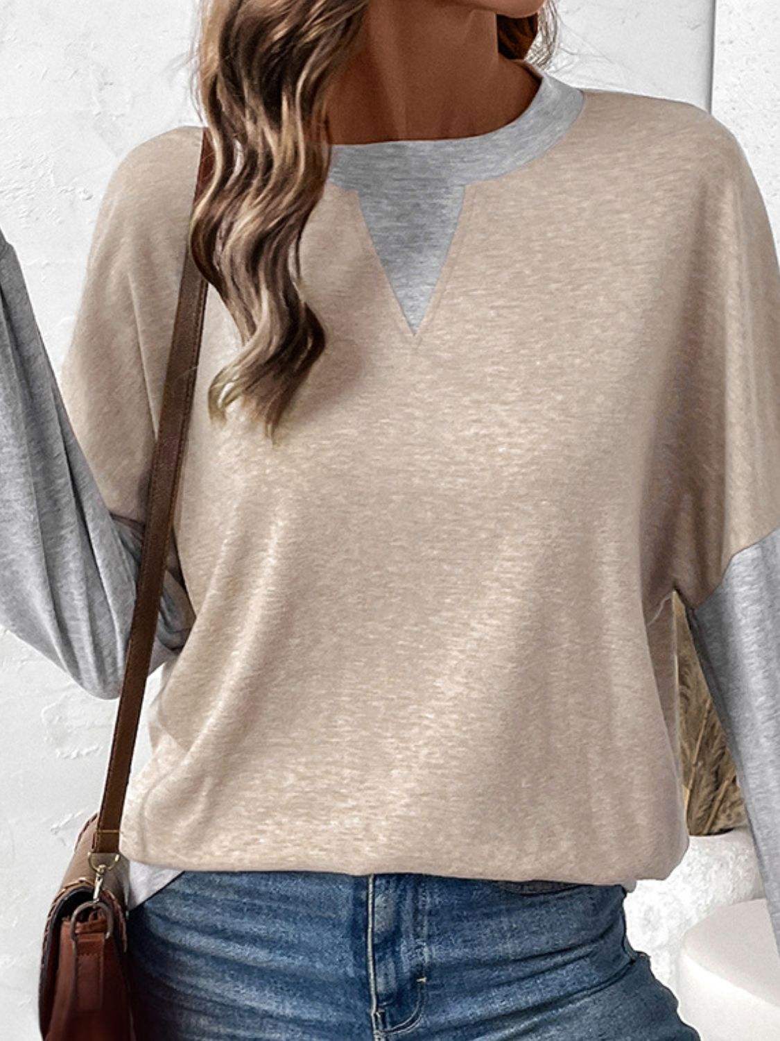 Perfee Contrast Round Neck Long Sleeve T-Shirt - Trendsi - Flyclothing LLC