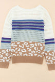 Leopard Striped Round Neck Crochet Knit Top - Trendsi - Flyclothing LLC
