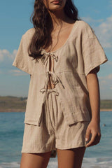 Plaid Tied Scoop Neck Short Sleeve Top and Drawstring Shorts Set - Trendsi - Flyclothing LLC
