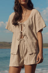 Plaid Tied Scoop Neck Short Sleeve Top and Drawstring Shorts Set - Trendsi