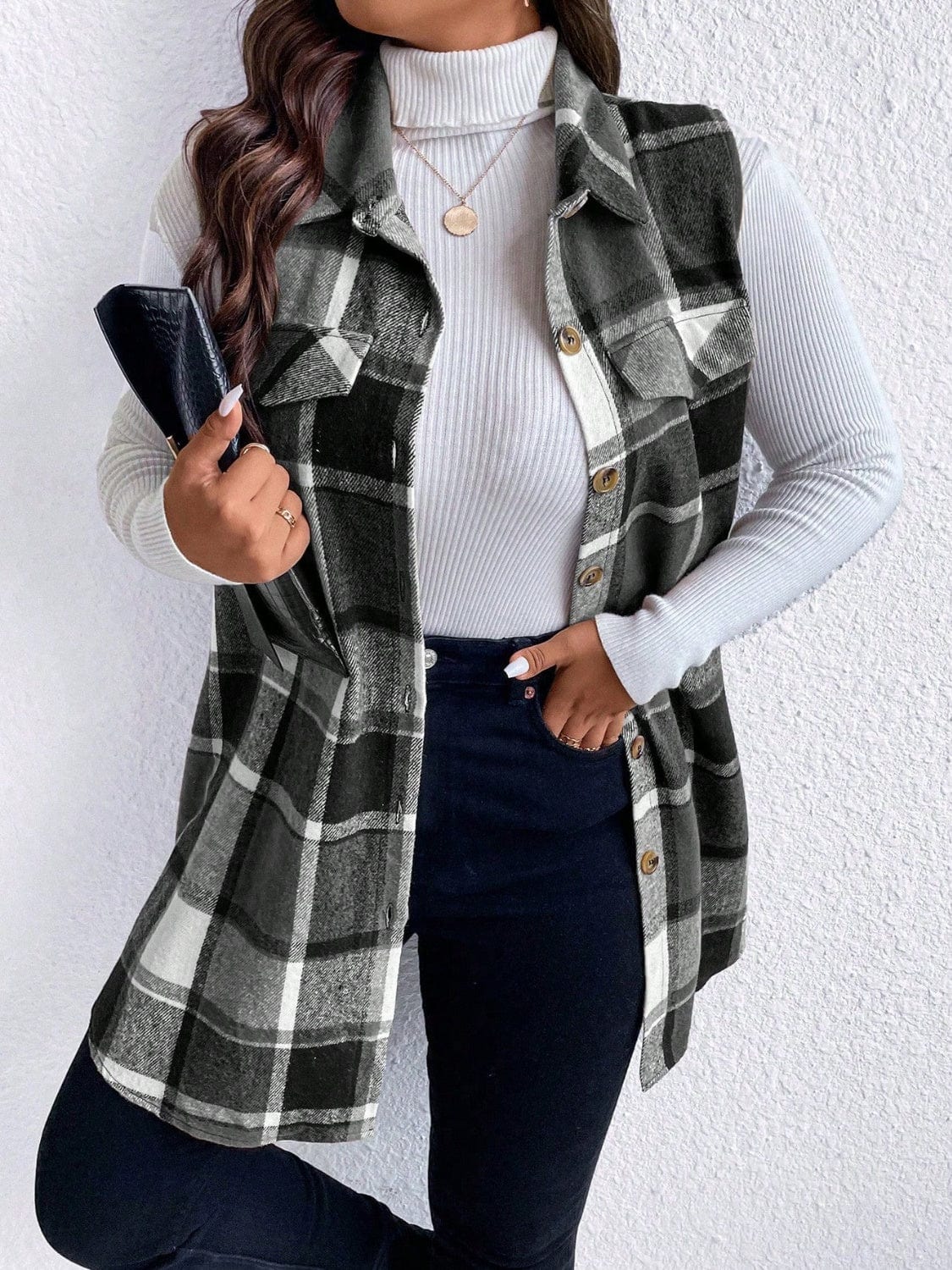 Honey Plus Size Pocketed Plaid Button Up Vest Coat - Trendsi