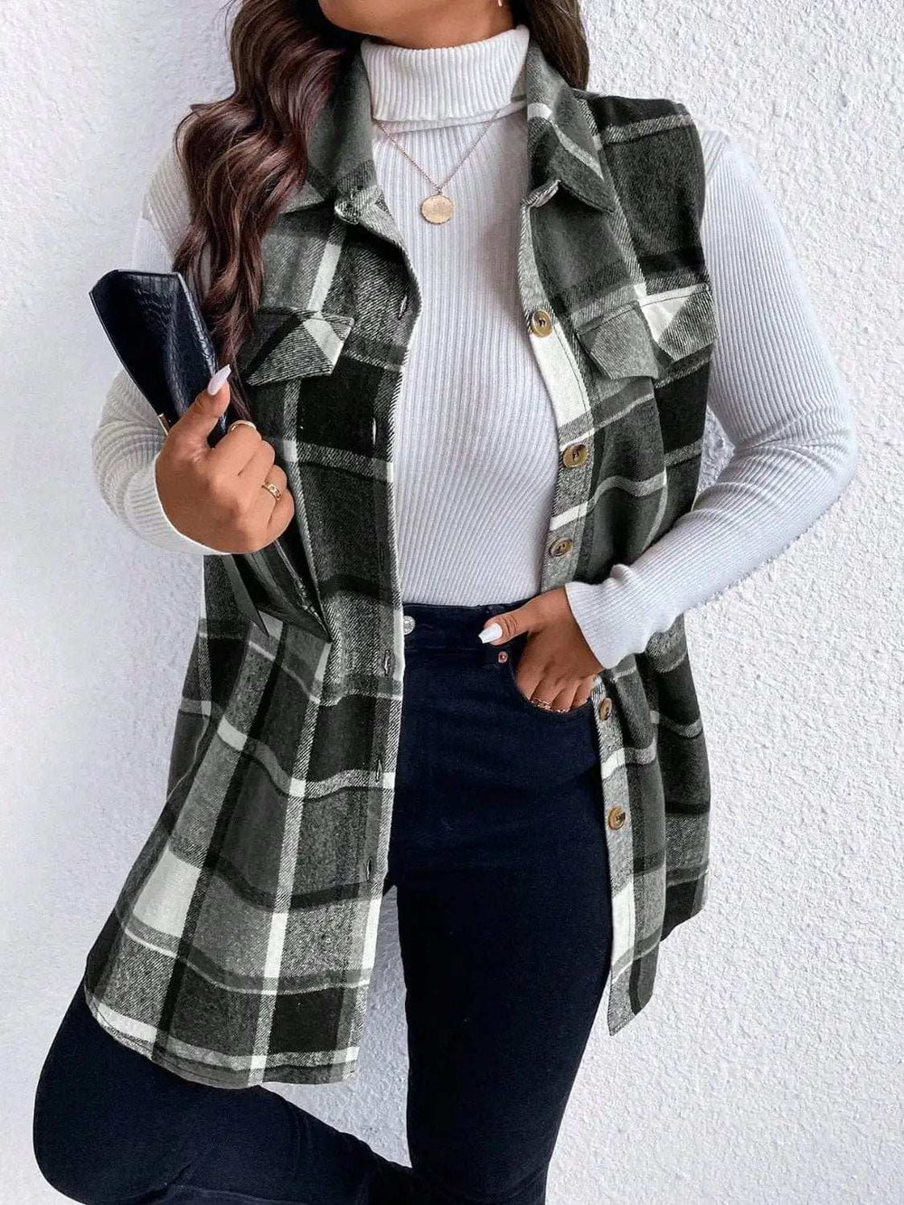 Honey Plus Size Pocketed Plaid Button Up Vest Coat - Trendsi - Flyclothing LLC