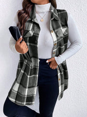 Honey Plus Size Pocketed Plaid Button Up Vest Coat - Trendsi