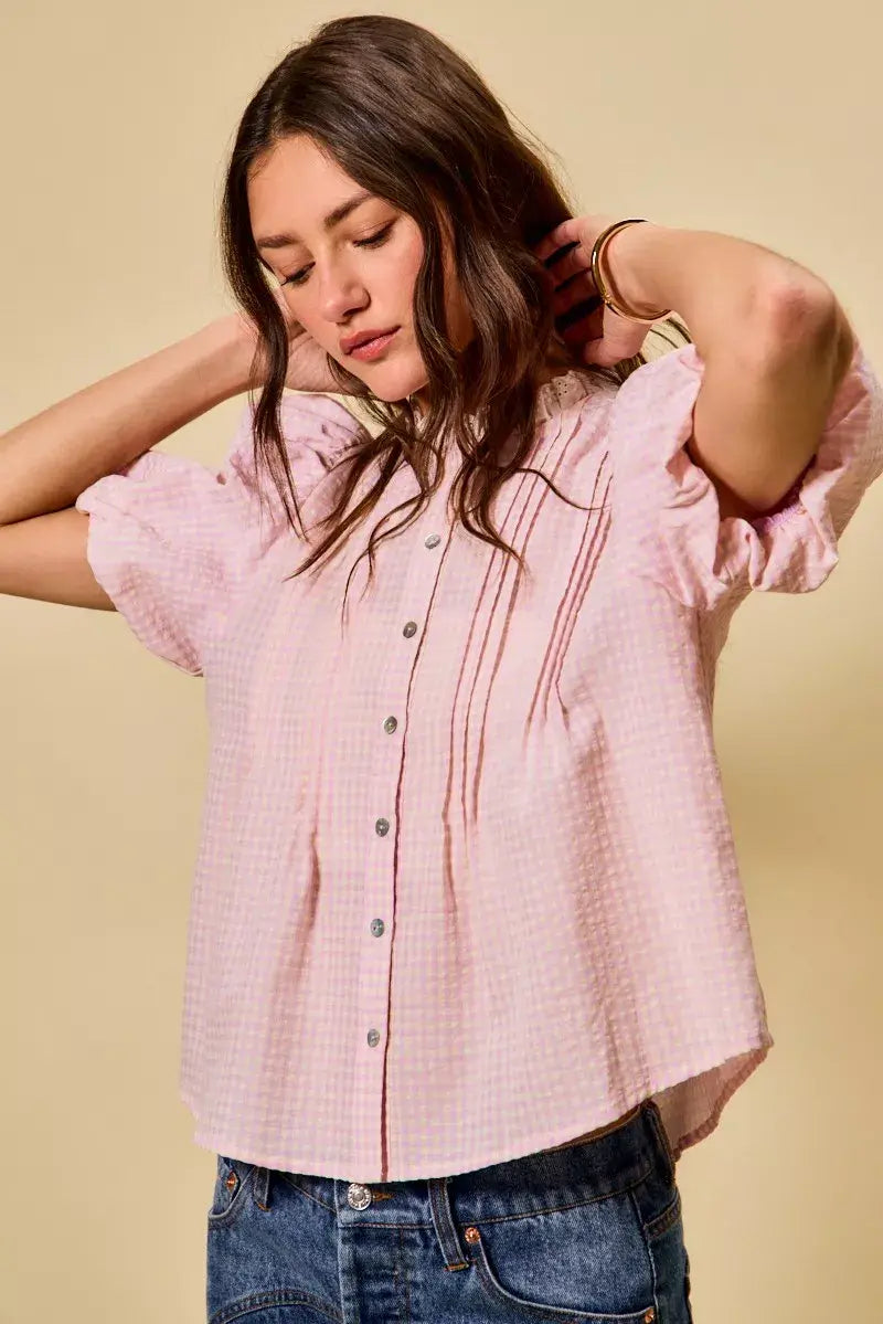 SO ME Gingham Lace Trim Button Bubble Sleeves Blouse - Trendsi - Flyclothing LLC