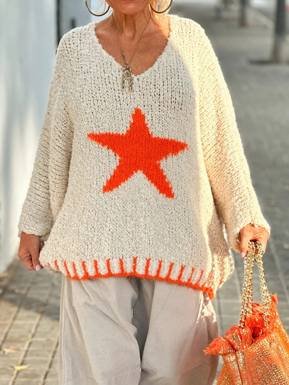 Star V-Neck Long Sleeve Oversize Sweater - Trendsi