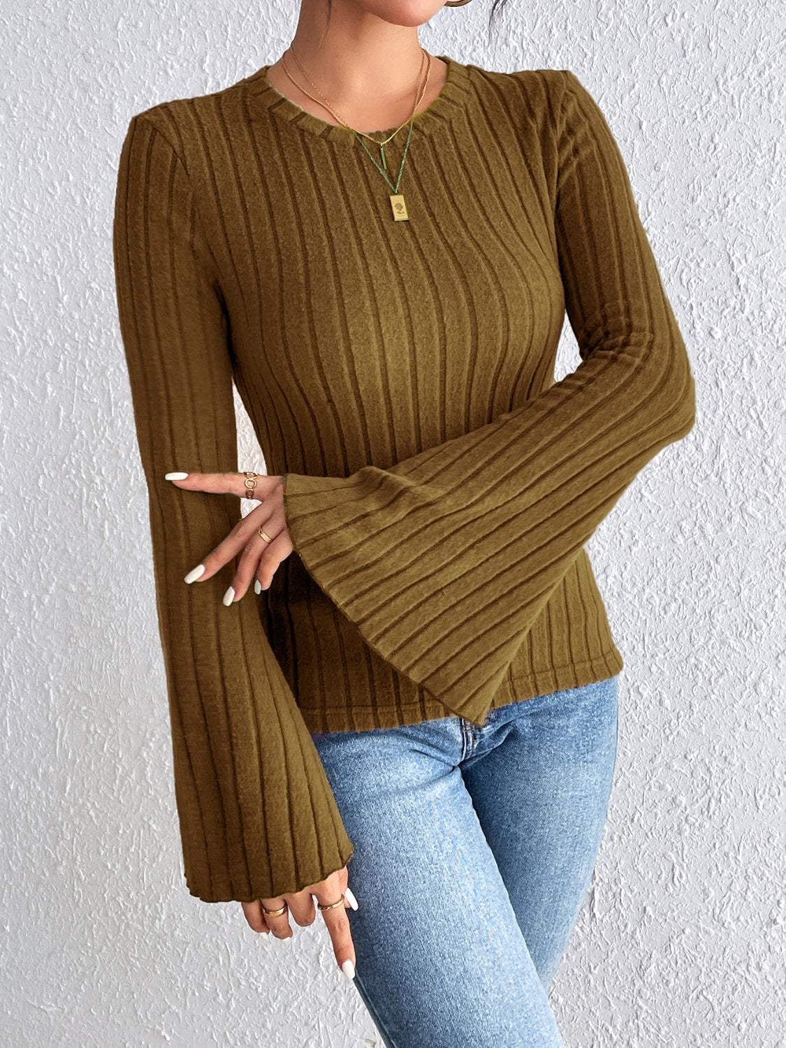 Round Neck Flare Sleeve T-Shirt - Trendsi - Flyclothing LLC