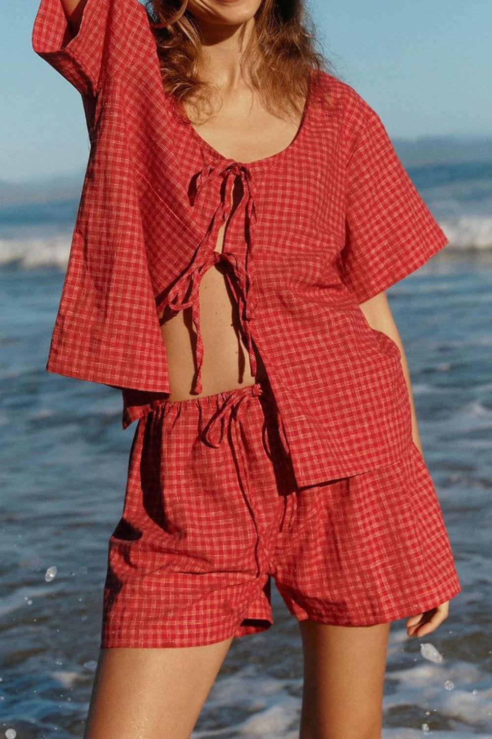 Plaid Tied Scoop Neck Short Sleeve Top and Drawstring Shorts Set - Trendsi