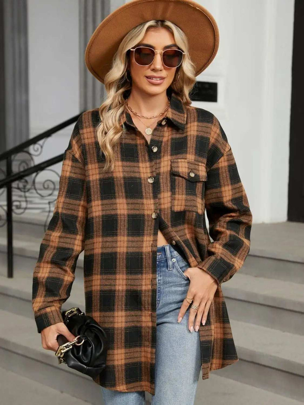 Plaid Collared Neck Long Sleeve Shirt - Trendsi - Flyclothing LLC
