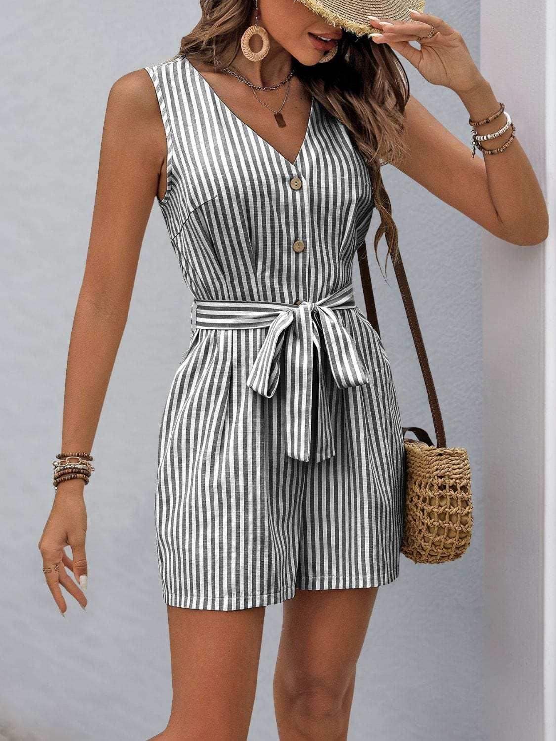 Perfee Striped V-Neck Tie Waist Romper - Trendsi - Flyclothing LLC