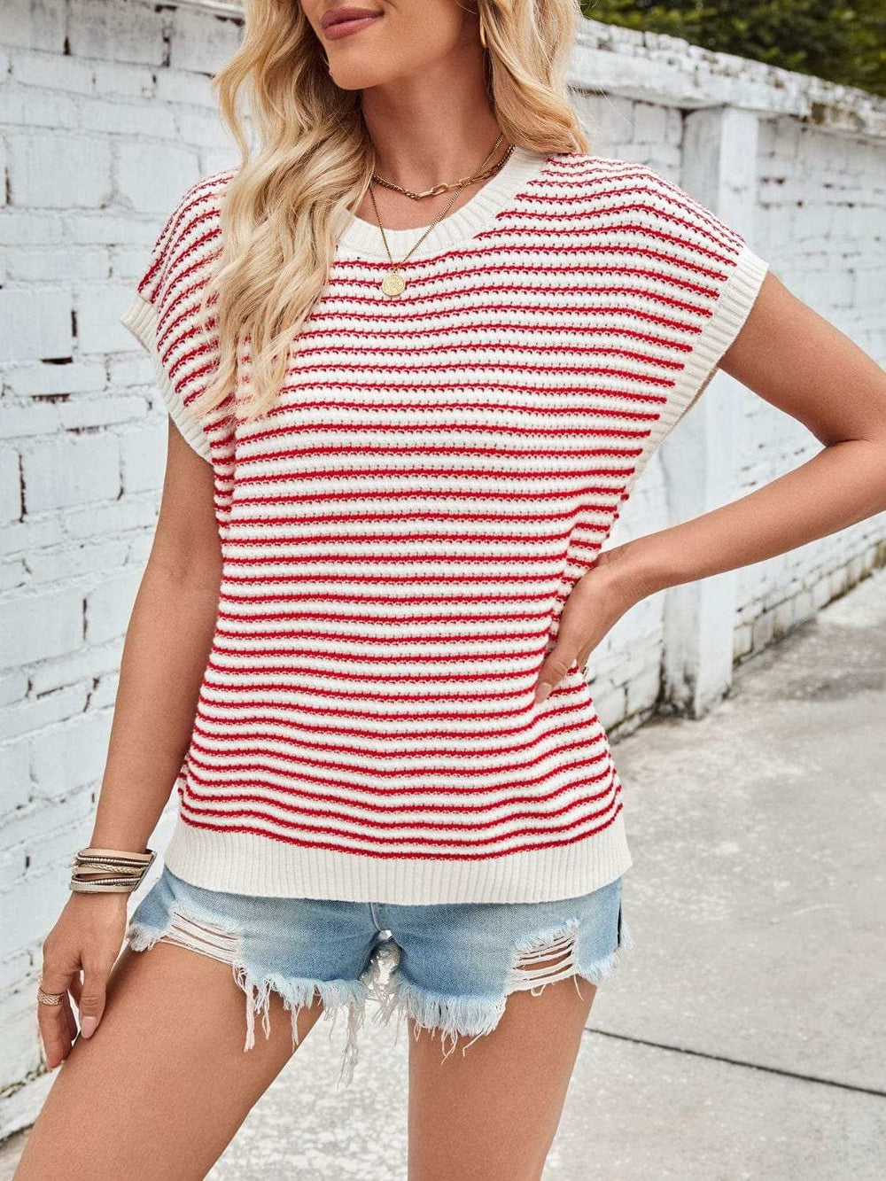 Lovelet Striped Round Neck Cap Sleeve Sweater - Trendsi - Flyclothing LLC