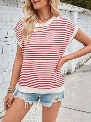 Lovelet Striped Round Neck Cap Sleeve Sweater - Trendsi