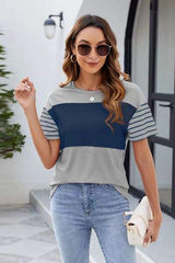 Color Block Round Neck Short Sleeve T-Shirt - Trendsi - Flyclothing LLC