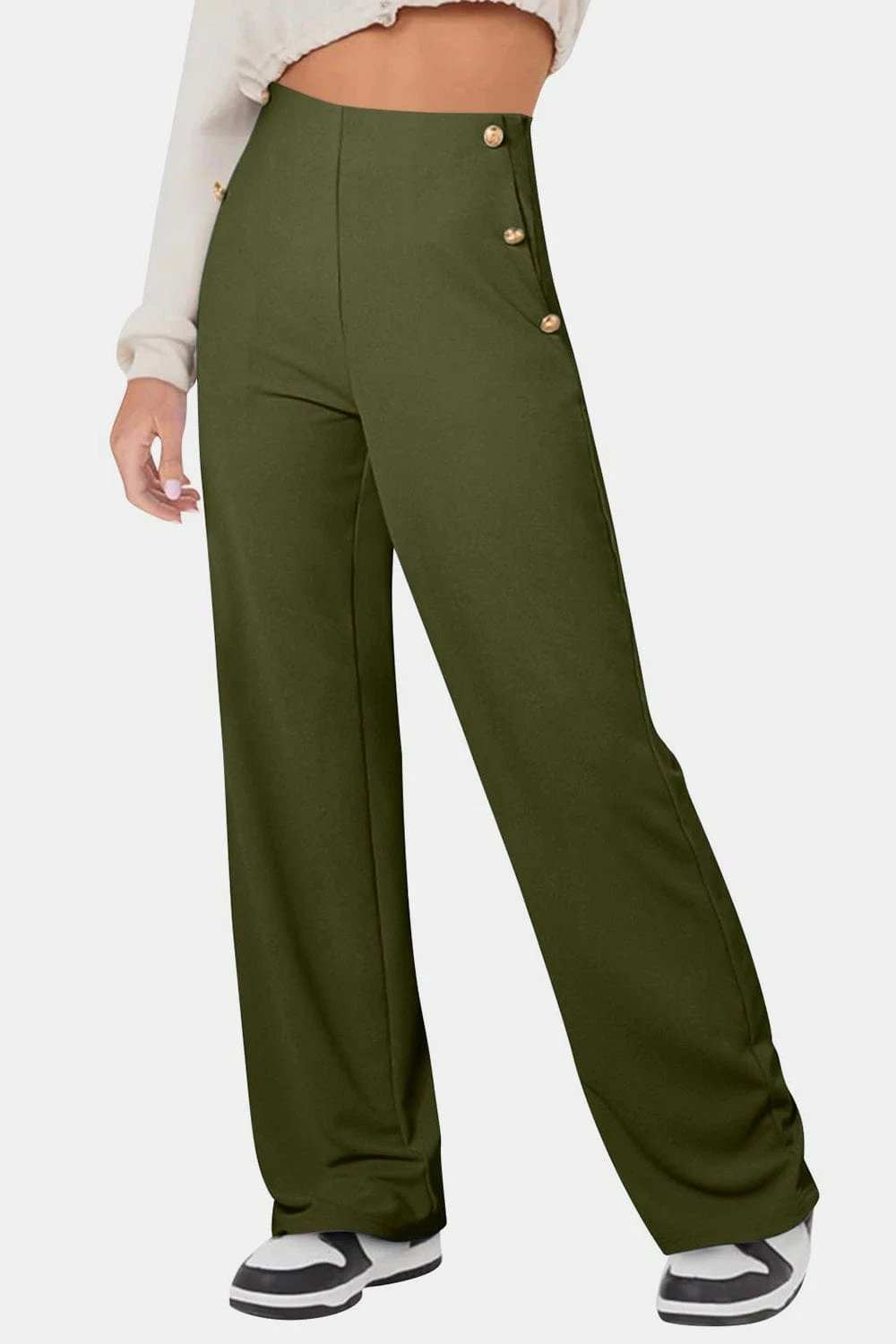 Decorative Button High Rise Pants - Trendsi - Flyclothing LLC