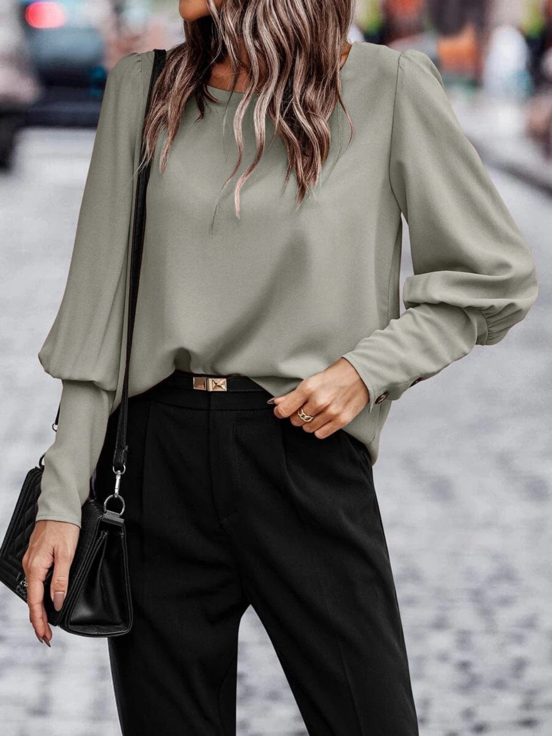 Round Neck Long Sleeve Blouse - Trendsi