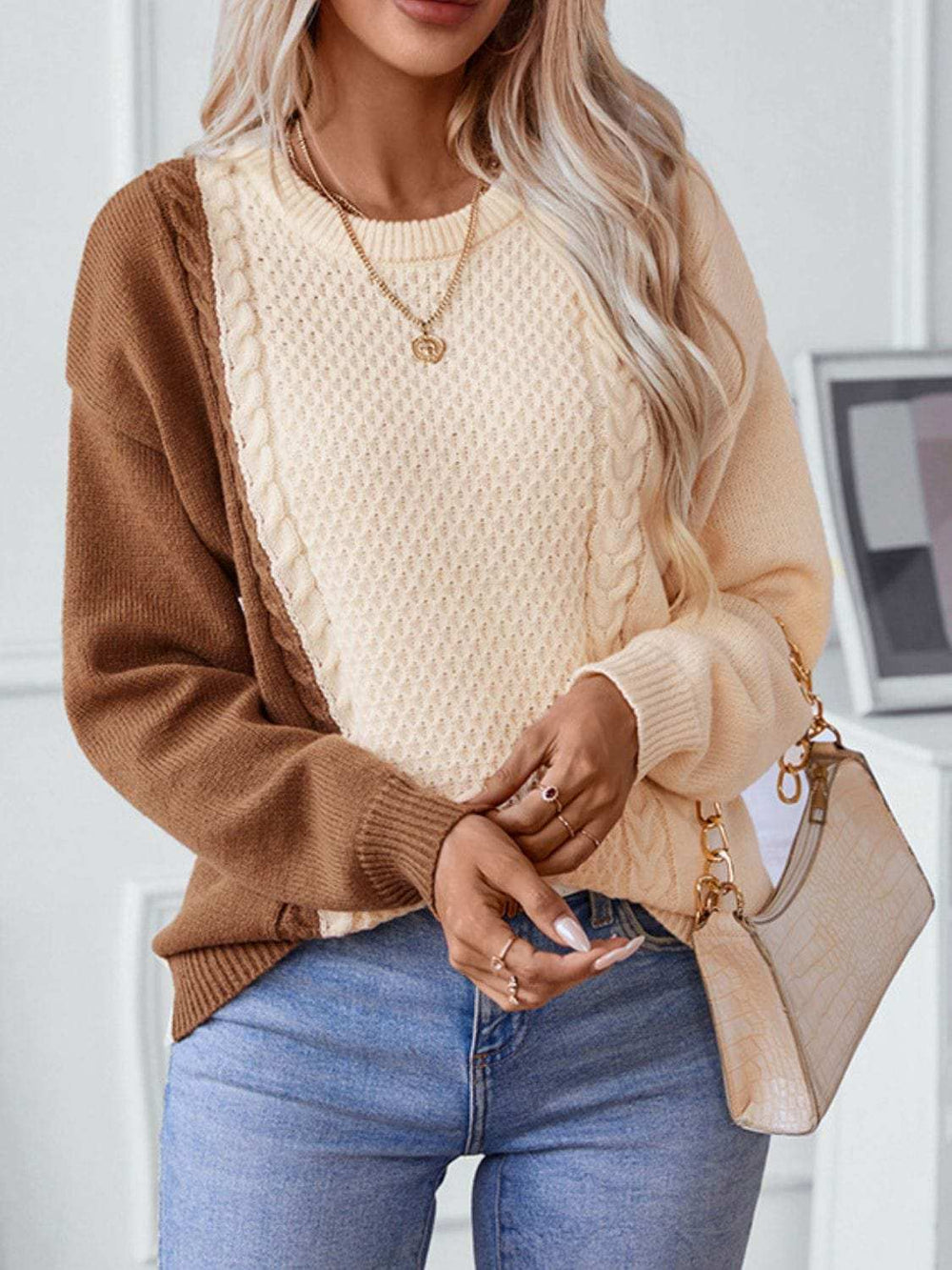 Two Tone Cable Knit Round Neck Long Sleeve Sweater - Trendsi - Flyclothing LLC