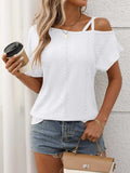 Eyelet Asymmetrical Shoulder Short Sleeve T-Shirt - Trendsi - Flyclothing LLC