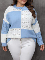 Plus Size Openwork Color Block Long Sleeve Sweater - Trendsi - Flyclothing LLC