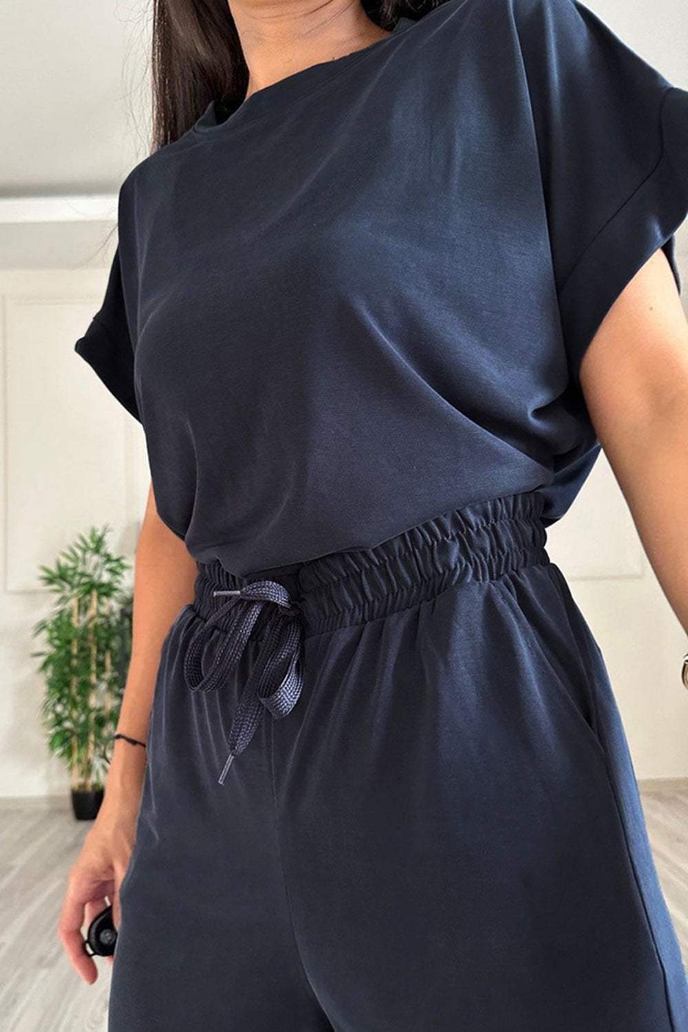 Round Neck Short Sleeve Top and Drawstring Pants Set - Trendsi - Flyclothing LLC
